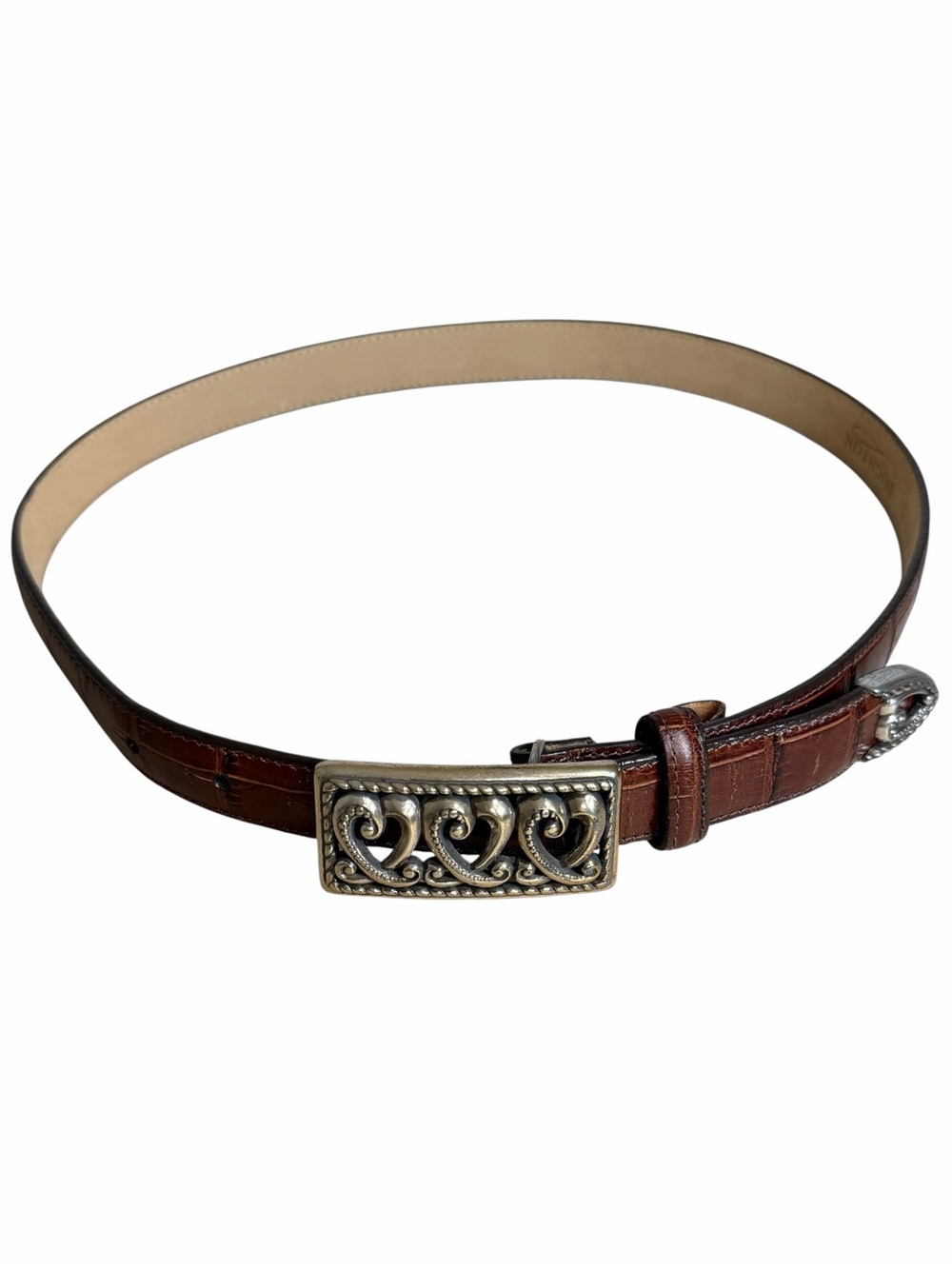 Vtg Brighton Triple Heart Pin Buckle Brown Crocodile Print Belt M 30 | 40297 USA